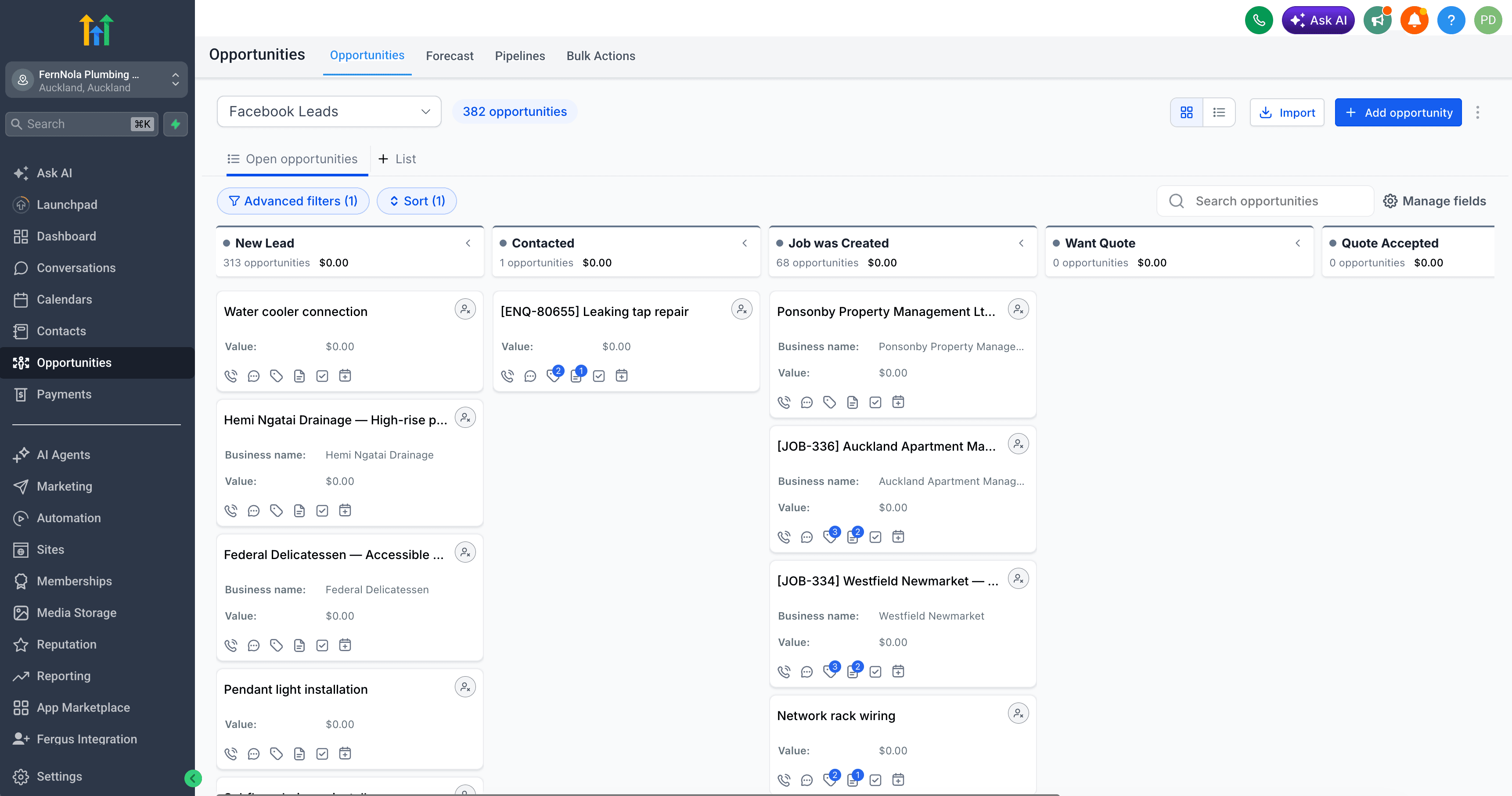 CRM pipeline board showing Fergus enquiries and jobs flowing through stages — New Lead, Contacted, Job was Created, Want Quote, and Quote Accepted